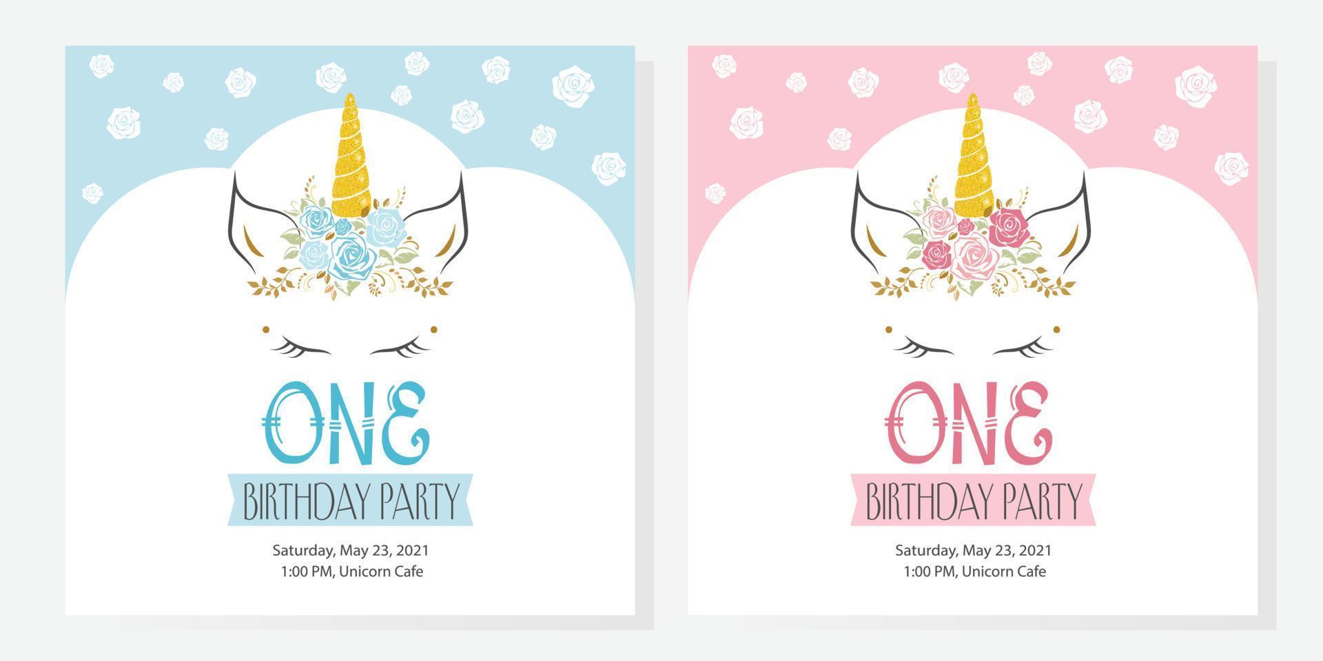 linda cara de unicornio con una flor en colores azul y rosa. Linda invitación de cumpleaños para niños. cabeza de unicornio ilustración vectorial vector