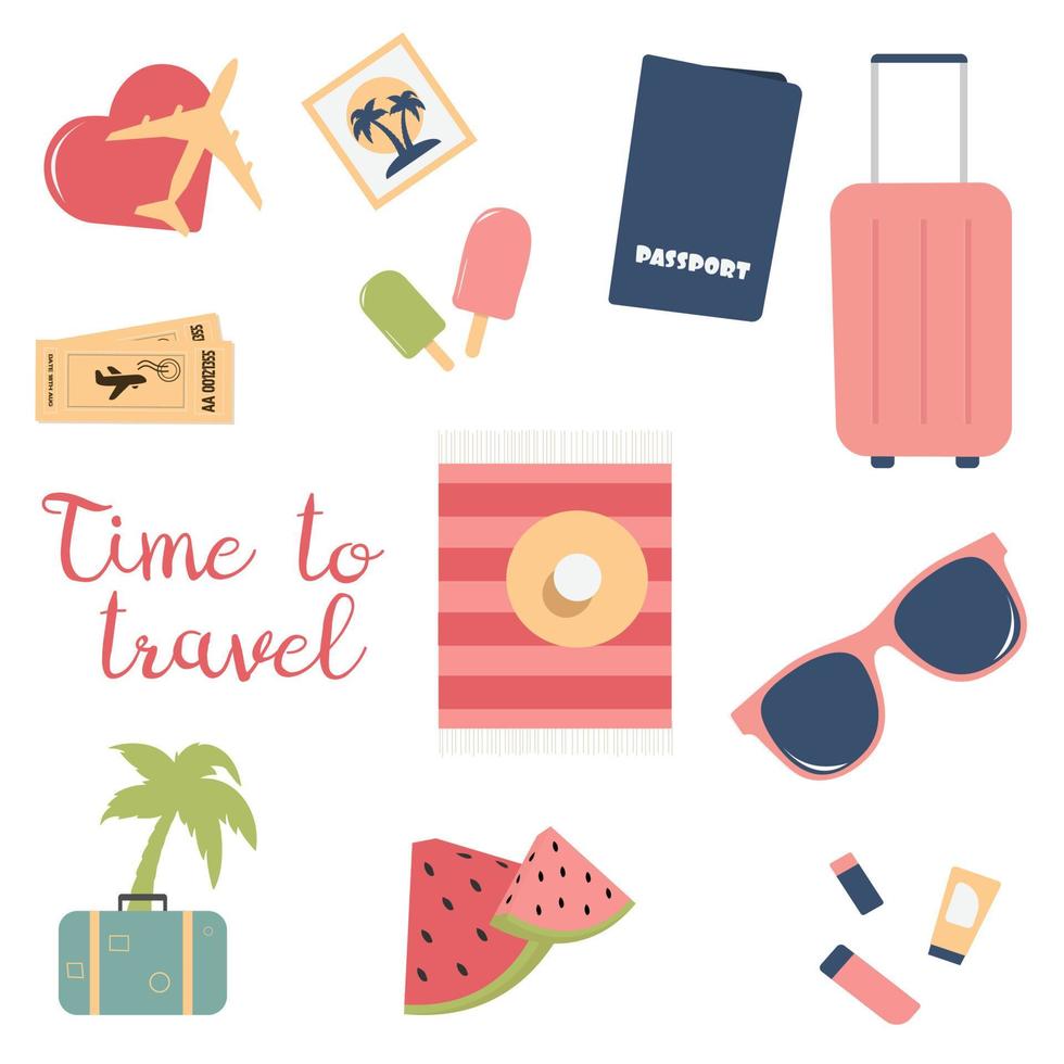 conjunto de lindos elementos de verano. avión, palmera, playa, caligrafía, maleta, vasos, helado, pasaporte, billetes, sandía, nata, tarjeta. ideal para afiches de verano, postales, álbumes de recortes vector