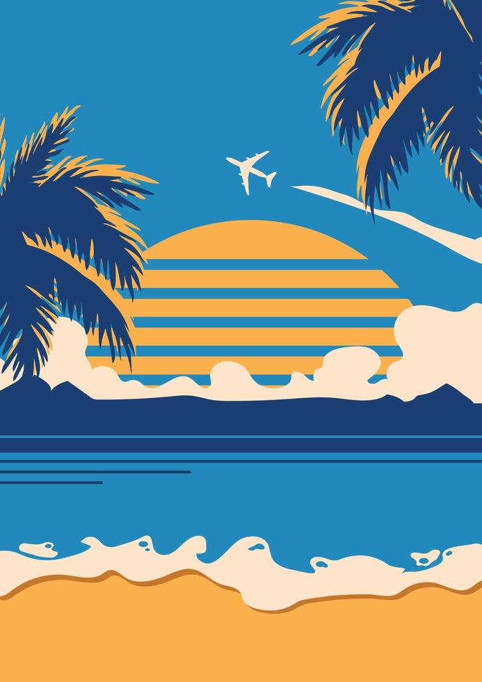 Retro vintage style summer poster with palm trees sea in the setting sun with a flying plane vector