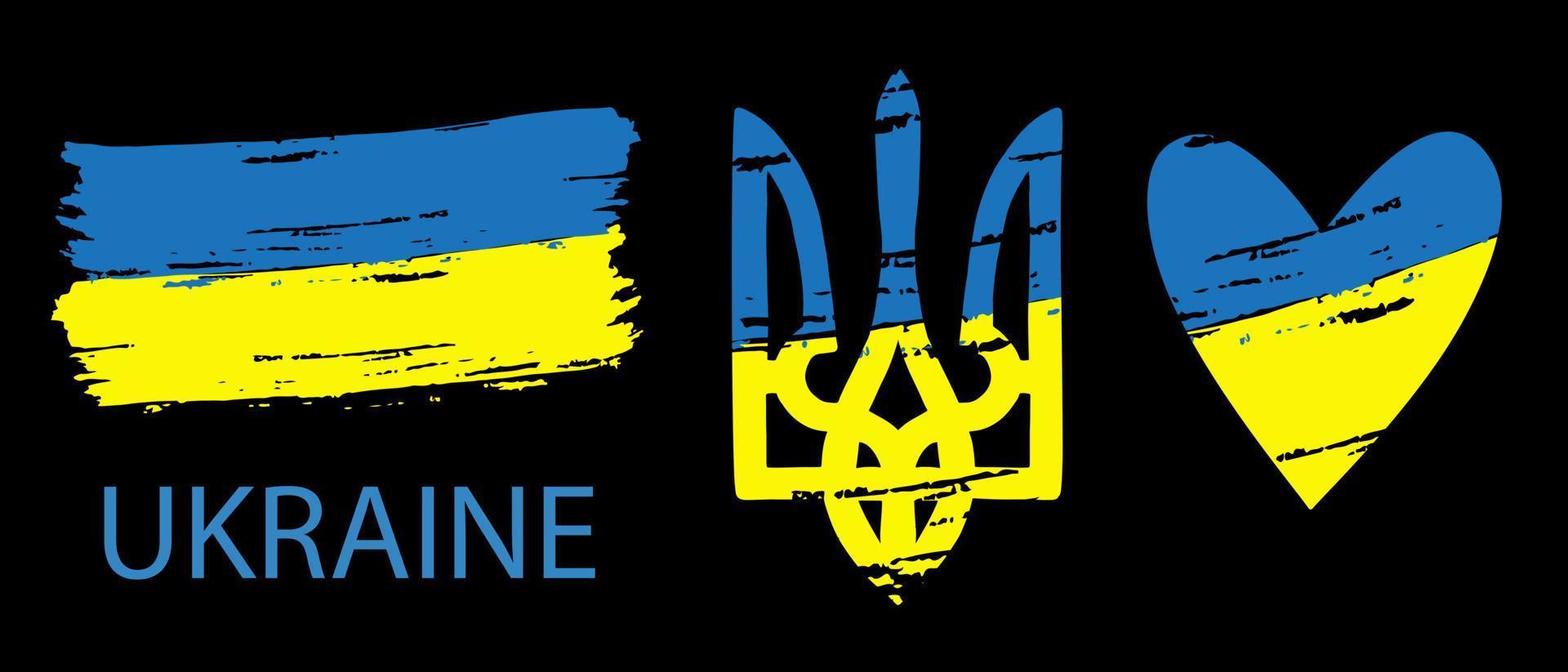 Coat of arms Ukraine, national symbols of independence. Ukrainian trident and flag with grunge texture. Vector illustration.