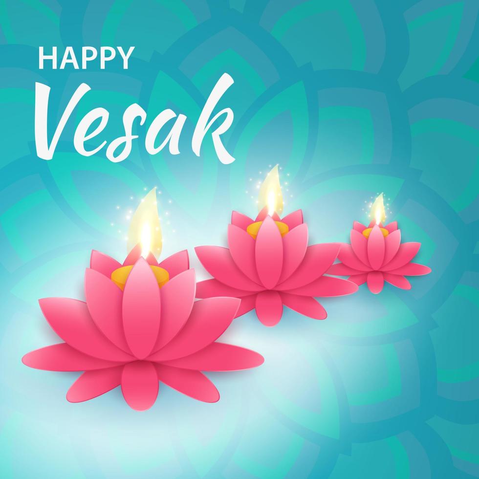 Banner card for Vesak day with Buddha candle, flower and east asian elements in paper cut style. Background for congratulation. Vector illustration