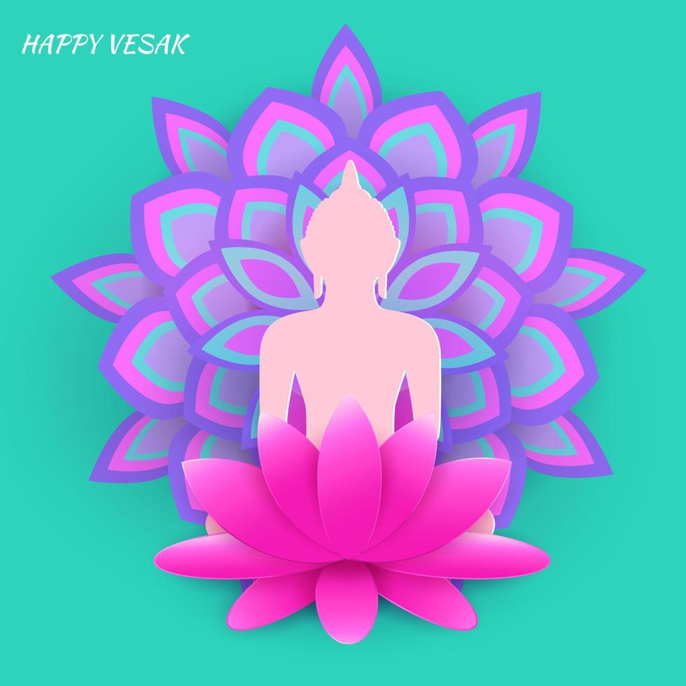 afiche para buddha purnima o vesak day con silueta de buddha, flores y patrones. vector