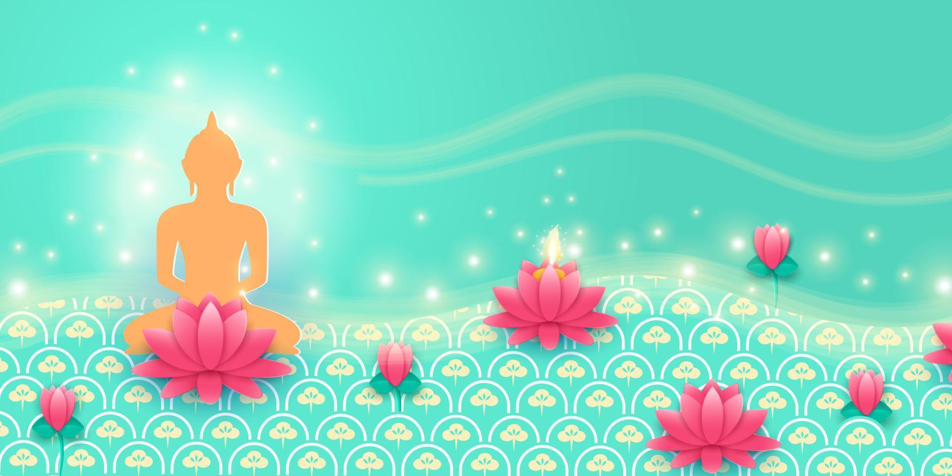 Happy Vesak Day, Buddha Day. Banner with Buddha silhouette, lotus, lights and patterns. Vector illustration