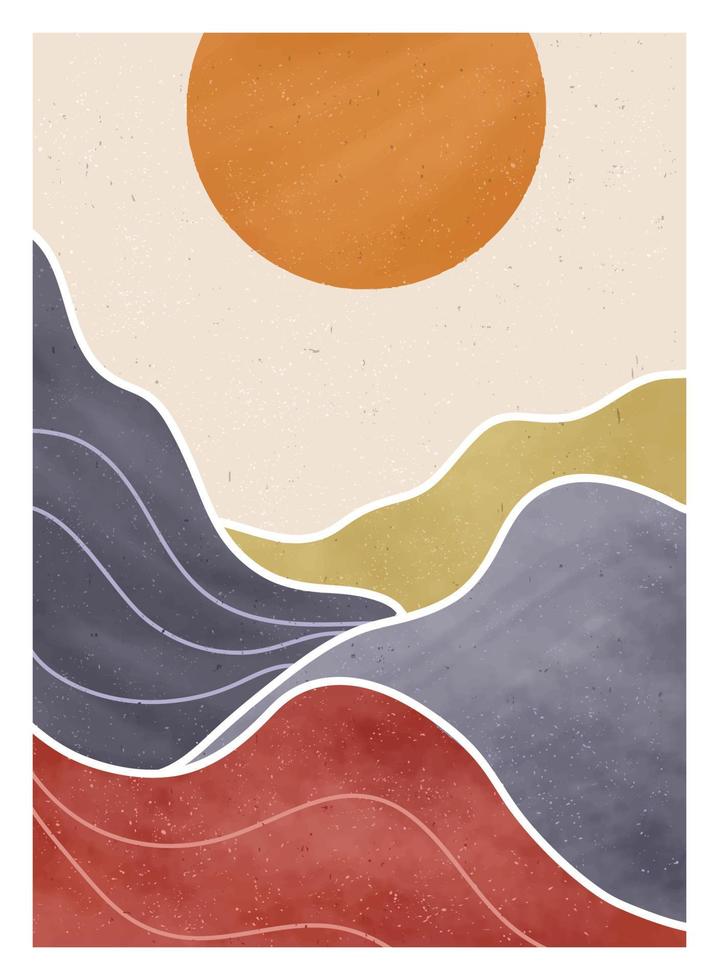 fondo de paisaje de montaña abstracto. creativas ilustraciones minimalistas pintadas a mano de la impresión de arte moderno de mediados de siglo. bosque, colina y luna en el set vector