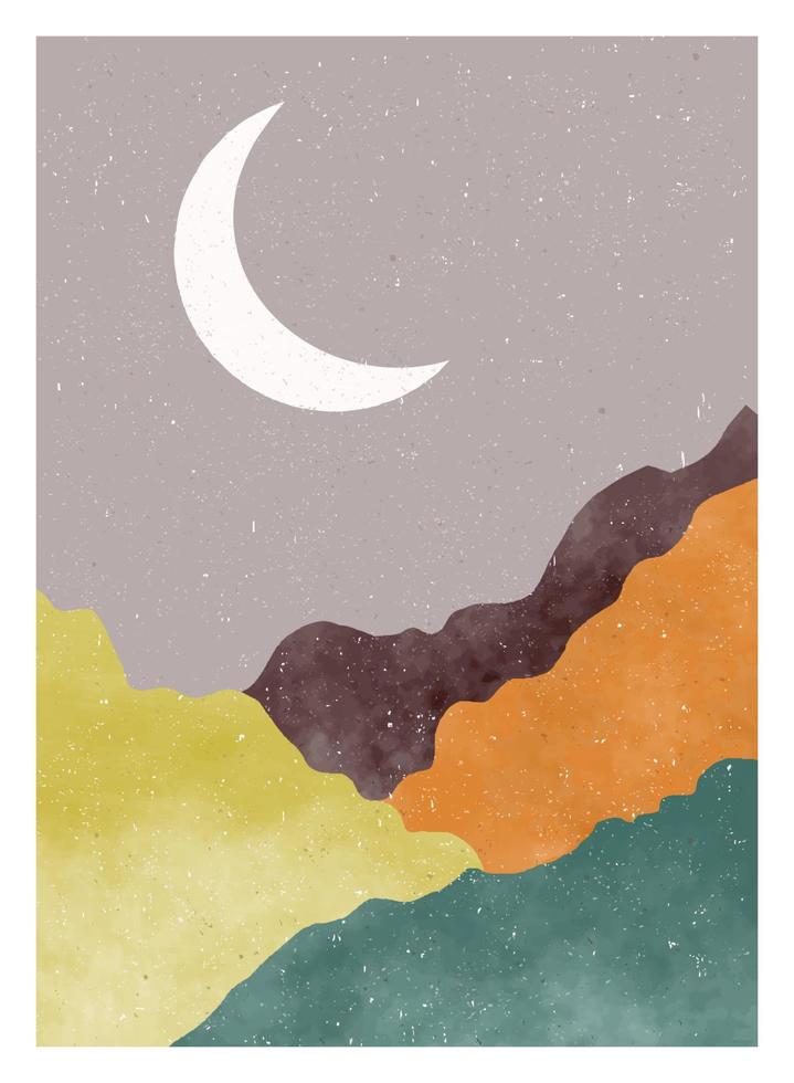 fondo de paisaje de montaña abstracto. creativas ilustraciones minimalistas pintadas a mano de la impresión de arte moderno de mediados de siglo. bosque, colina y luna en el set vector