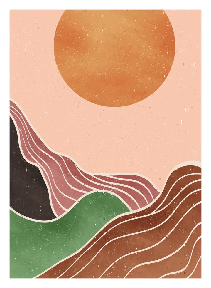 Abstract mountain landscape background. creative minimalist hand painted illustrations of Mid century modern art print. forest, hill and moon on set vector