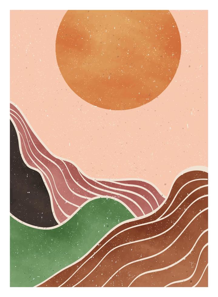 fondo de paisaje de montaña abstracto. creativas ilustraciones minimalistas pintadas a mano de la impresión de arte moderno de mediados de siglo. bosque, colina y luna en el set vector