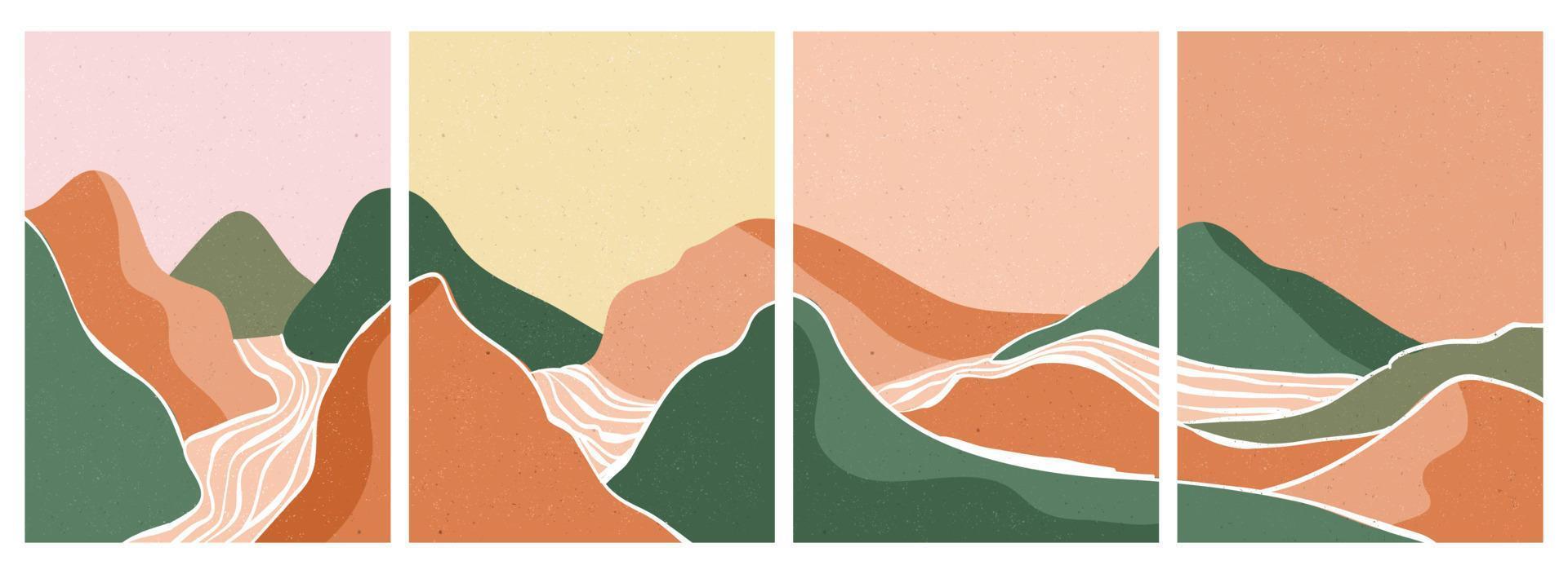 montaña, bosque, colina, ola, sol y luna en un gran set. impresión de arte minimalista moderno de mediados de siglo. paisaje de fondos estéticos contemporáneos abstractos. ilustraciones vectoriales vector