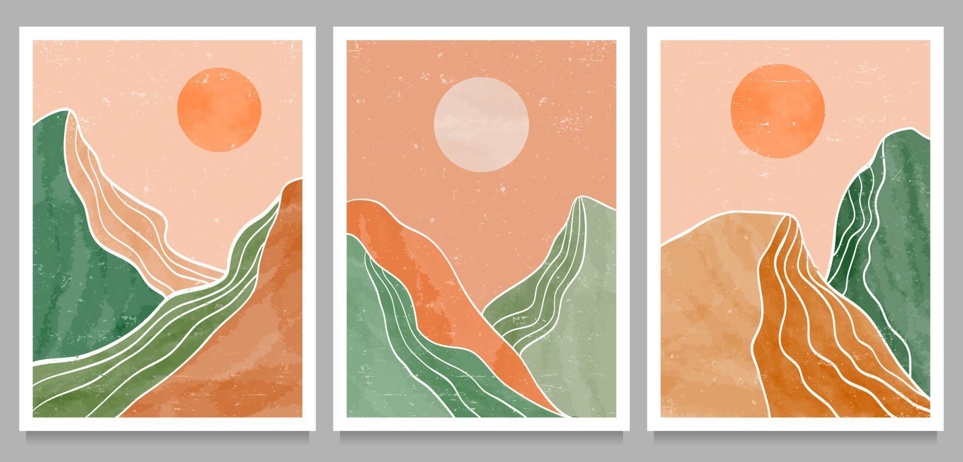 Abstract mountain landscape background. creative minimalist hand painted illustrations of Mid century modern art print. forest, hill and moon on set vector