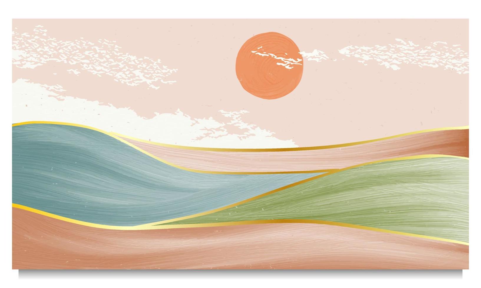 Abstract mountain landscape background. creative minimalist hand painted illustrations of Mid century modern art print with line gold art vector
