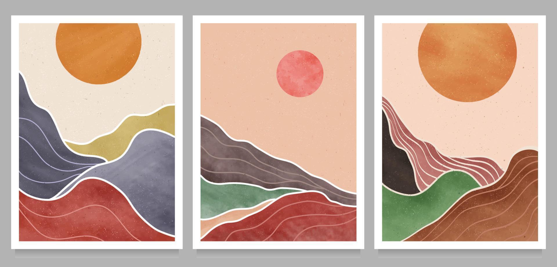 fondo de paisaje de montaña abstracto. creativas ilustraciones minimalistas pintadas a mano de la impresión de arte moderno de mediados de siglo. bosque, colina y luna en el set vector