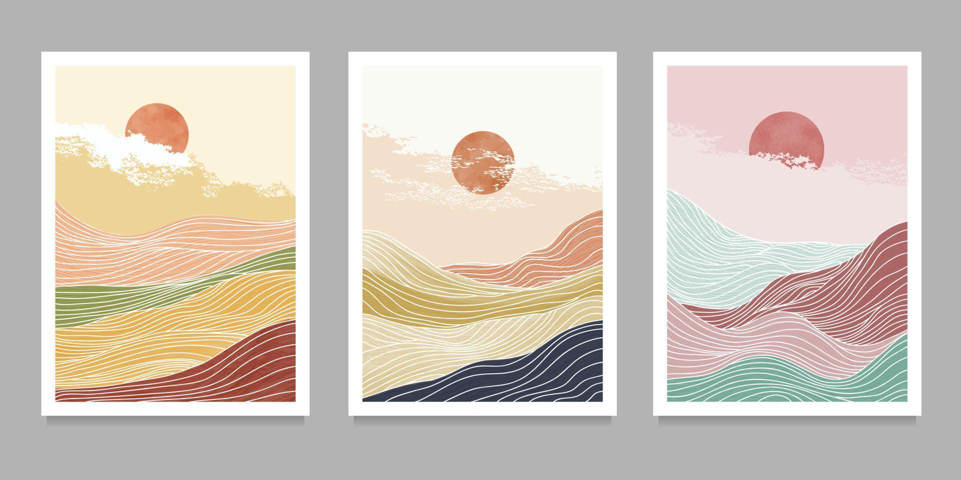 Conjunto de ilustraciones creativas minimalistas pintadas a mano de mediados de siglo moderno. Fondo de paisaje abstracto natural. montaña, bosque, mar, cielo, sol y río vector