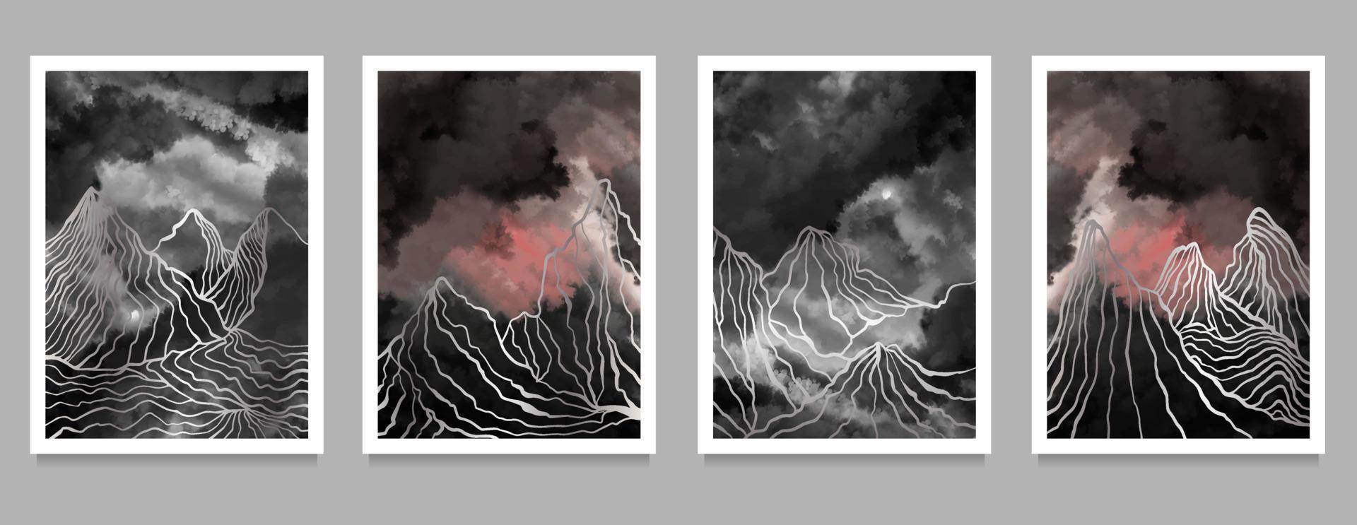 set of creative minimalist modern line art print. Abstract mountain contemporary aesthetic backgrounds landscapes. with mountain, forest, sea, skyline, wave. vector illustrations