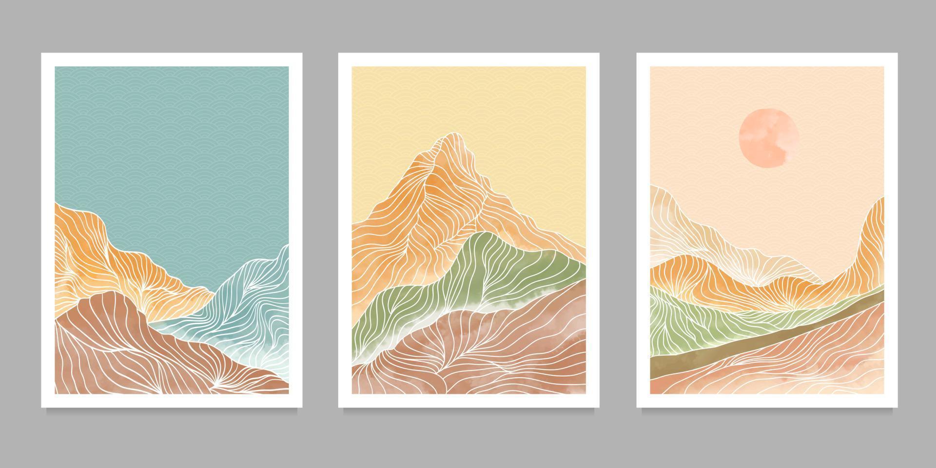 set of creative minimalist hand painted illustrations of Mid century modern. Abstract mountain contemporary aesthetic liquid marble canvas painting background vector