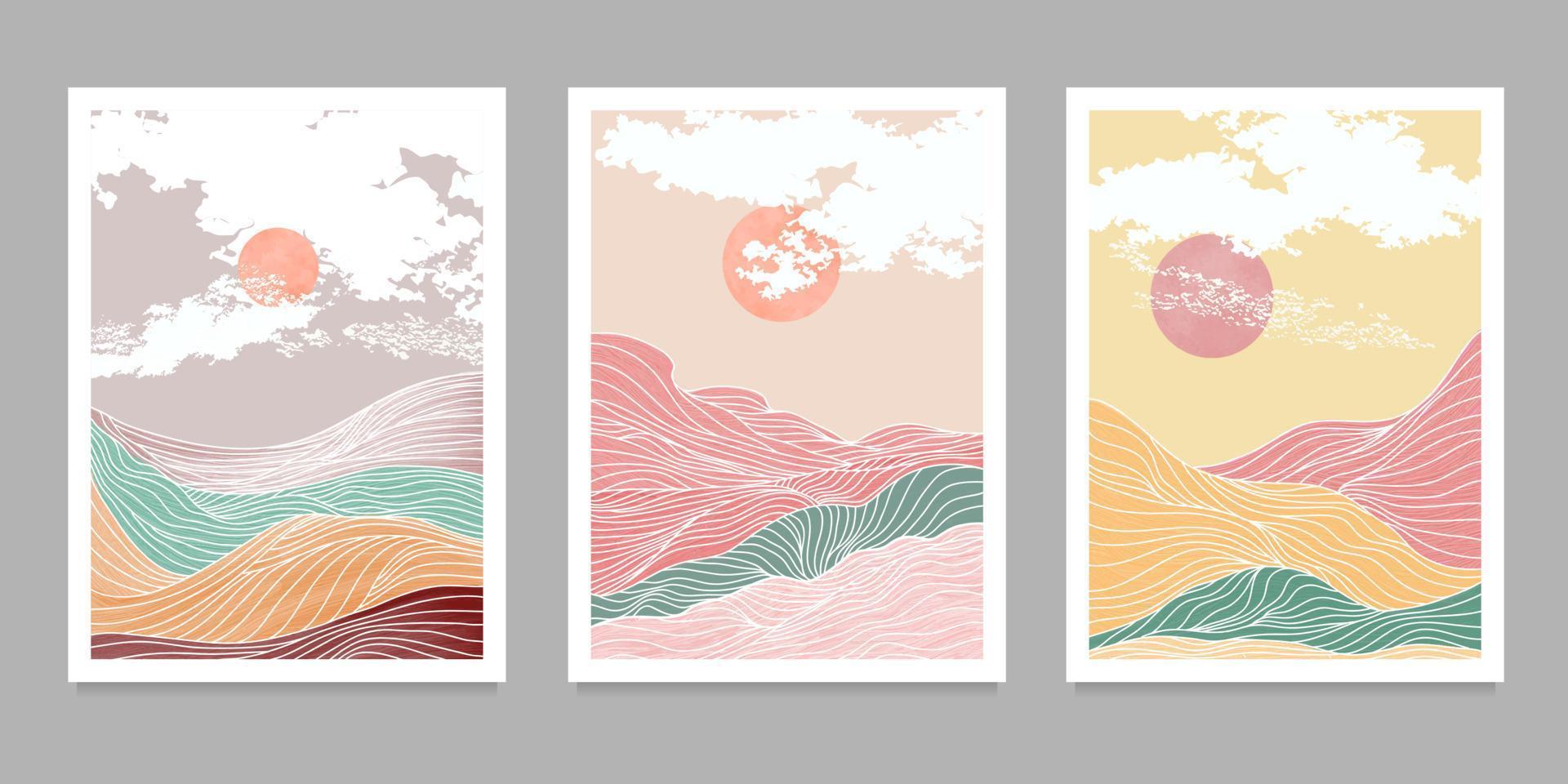 set of creative minimalist hand painted illustrations of Mid century modern. Abstract mountain contemporary aesthetic liquid marble canvas painting background vector