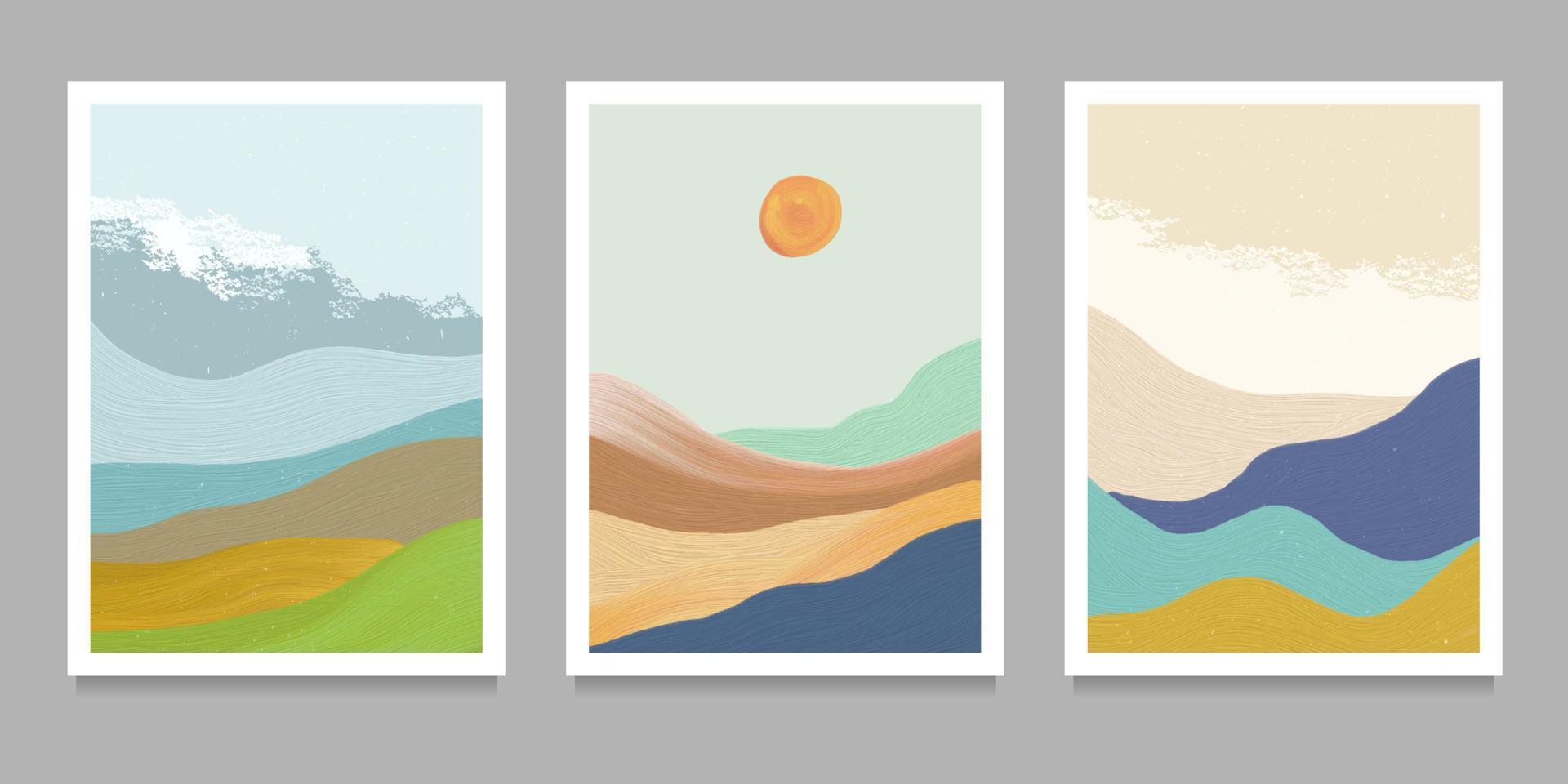 conjunto de ilustraciones creativas minimalistas pintadas a mano de mediados de siglo moderno. fondo de paisaje abstracto natural. montaña, bosque, mar, cielo, ola vector