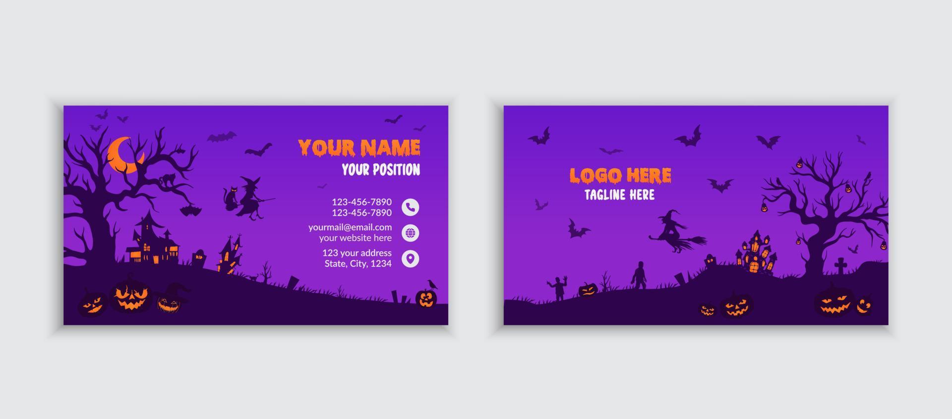 tarjeta de visita helloween de doble cara horizontal de color oscuro con plantilla de fondo de luna de mano de calavera de bosque vector