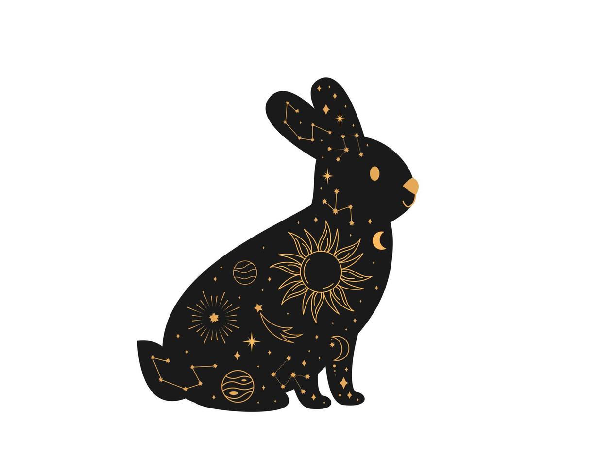 Black magical bunny rabbits, Mystic crescent moon esoteric symbol, constellation elements. witchy black pet. vector
