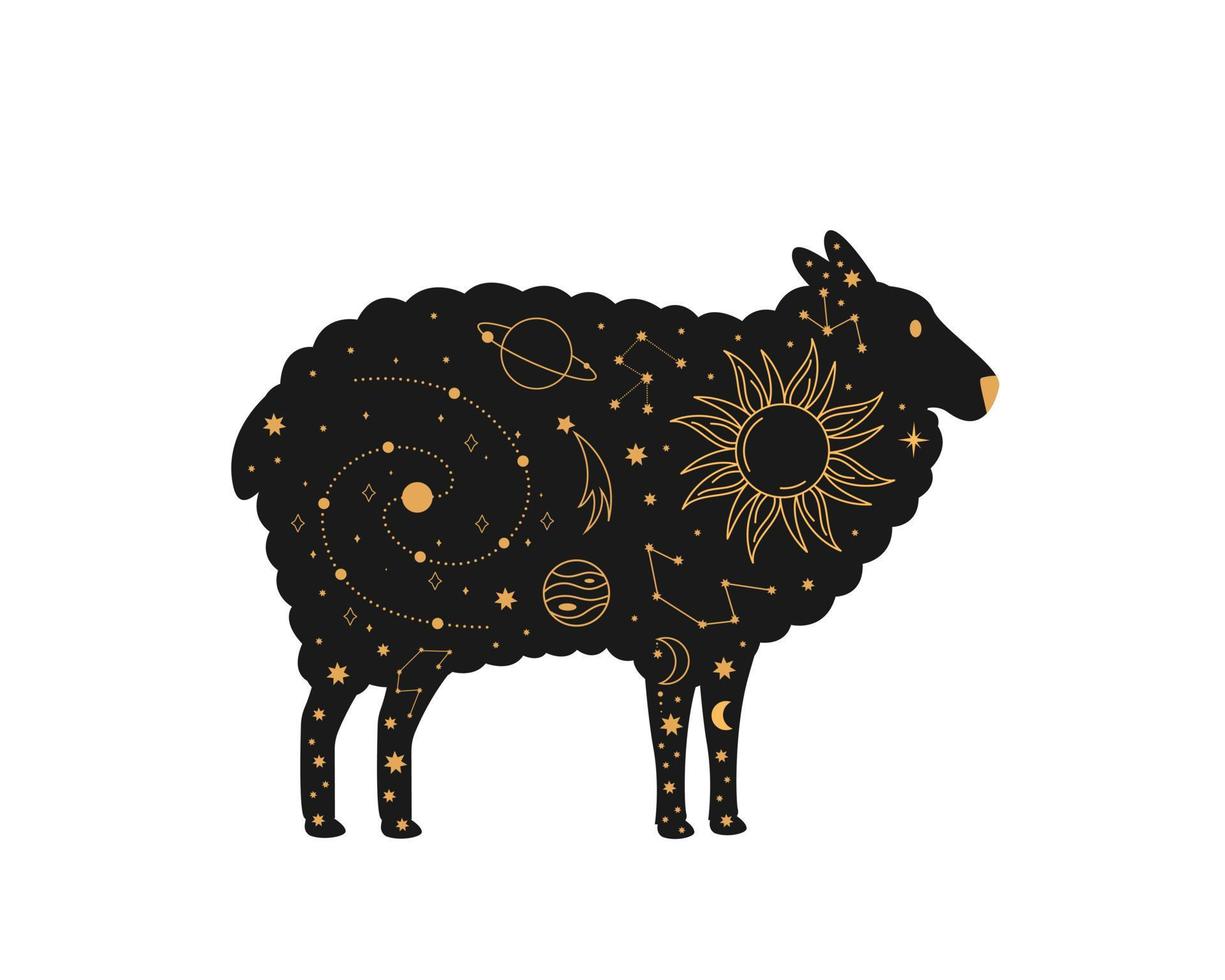 Black magical sheep, Mystic crescent moon esoteric symbol, constellation elements. vector