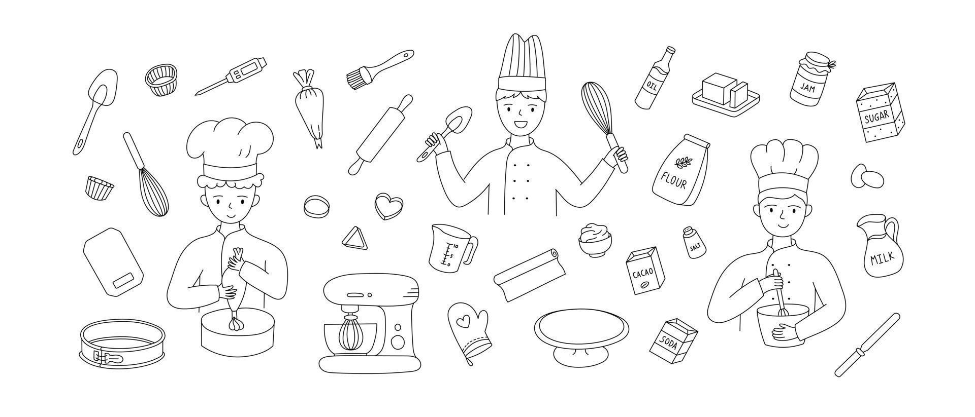 Hand drawn set of cooking Kitchenware with people cheif. Doodle sketch style. Bakery elements. Illustration for icon, menu, recipe design. vector