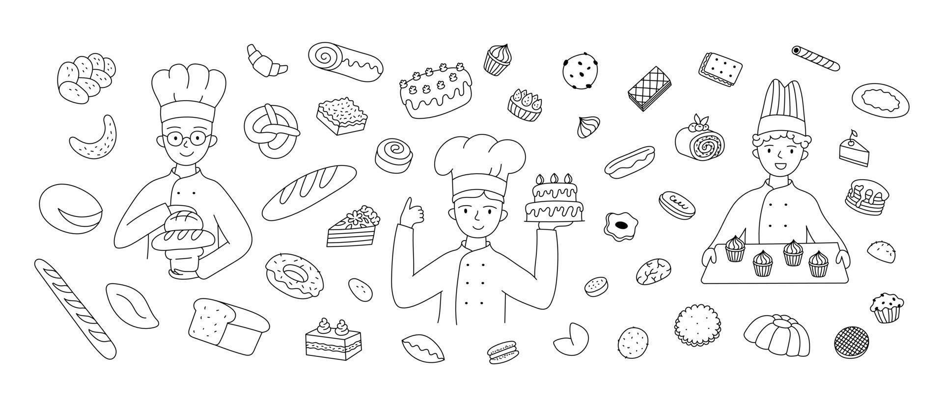 doodle banner panaderos pasteleros y pasteles pasteles pan. vector