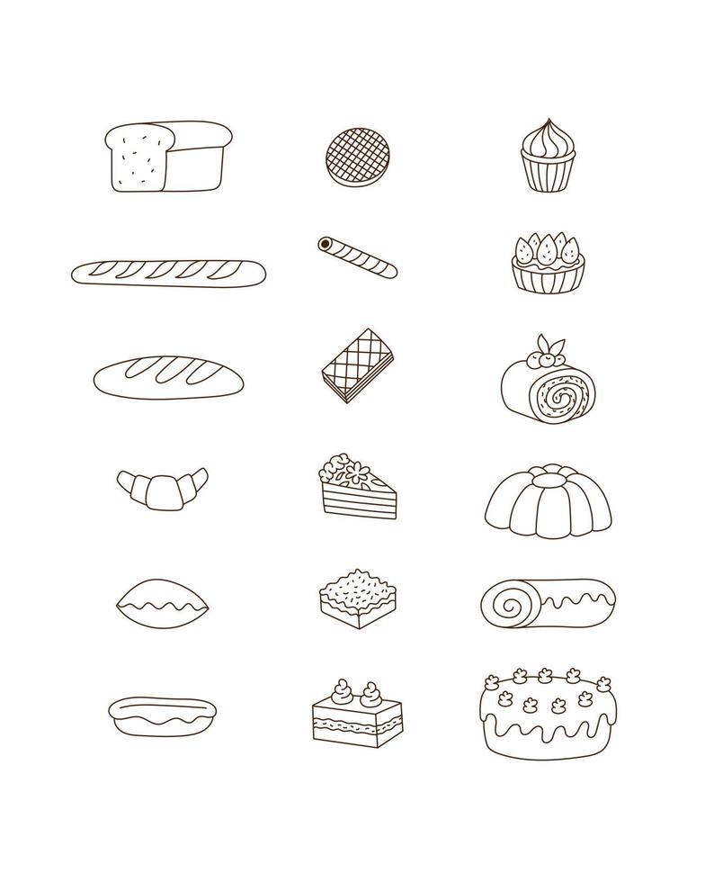 Bakery collection bread and sweet cake doodle outline illustration. vector