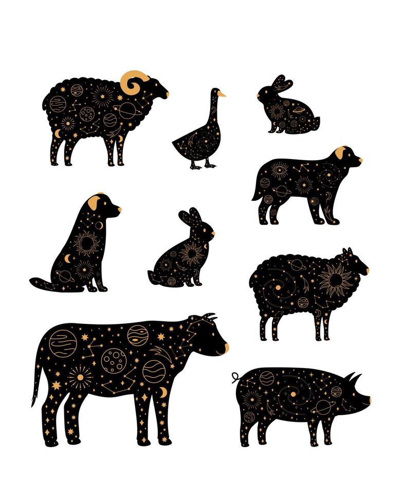 Black set of animals with magical celestial ornaments vector