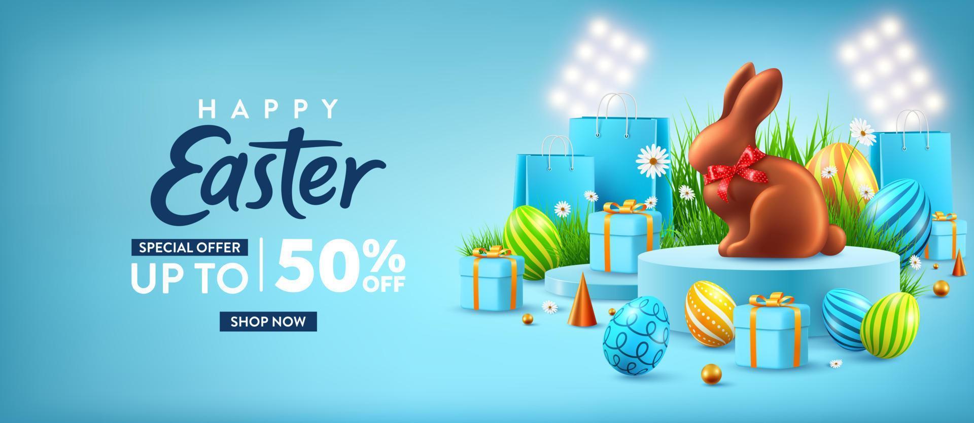 Easter Sale poster or banner template with Easter Bunny over on product podium scene. Greetings and presents for Easter Day.Promotion and shopping template for Easter vector