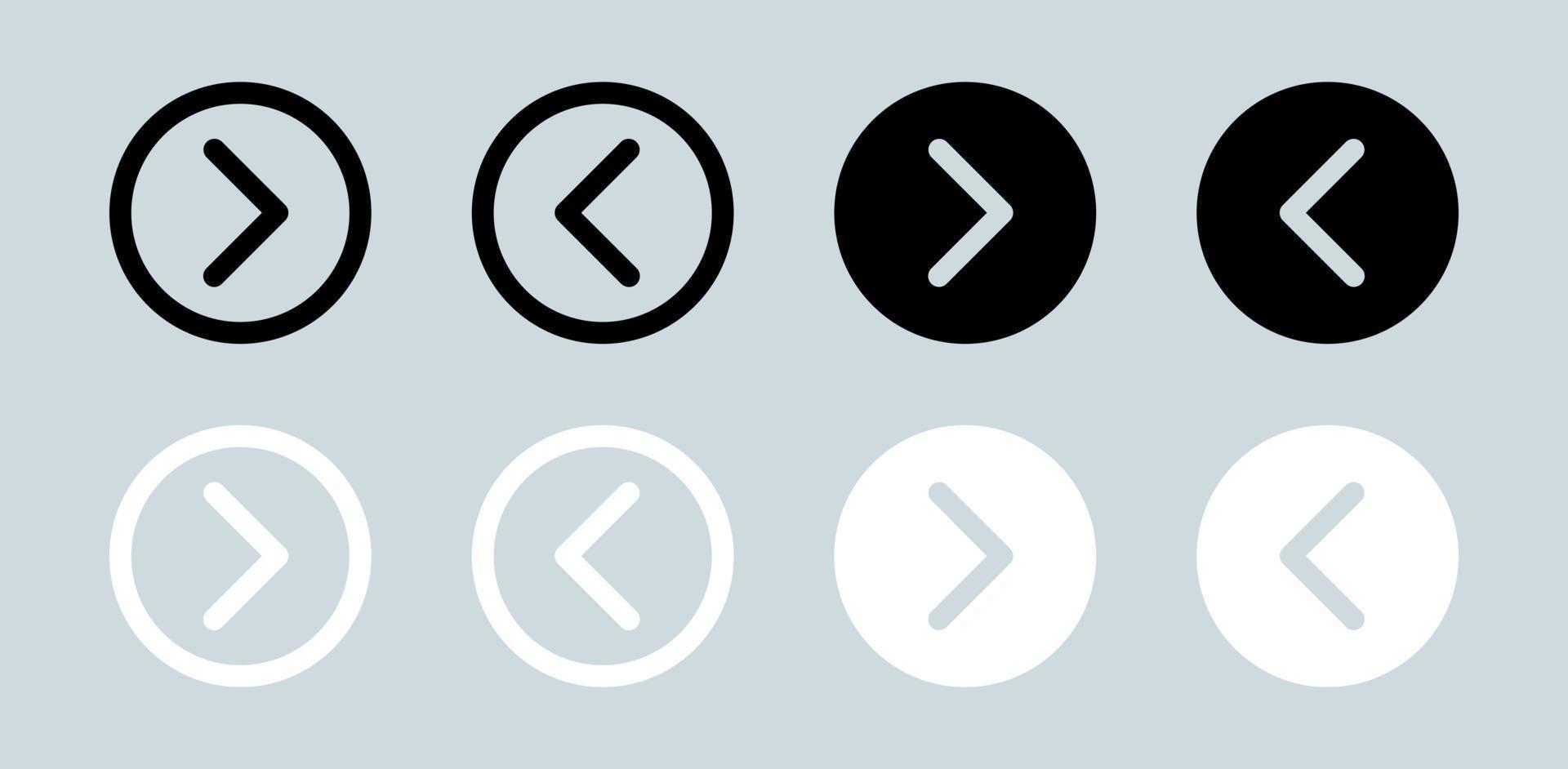 icono de flechas en círculo con colores blanco y negro. conjunto de iconos de flecha para los botones de clic de avance. vector