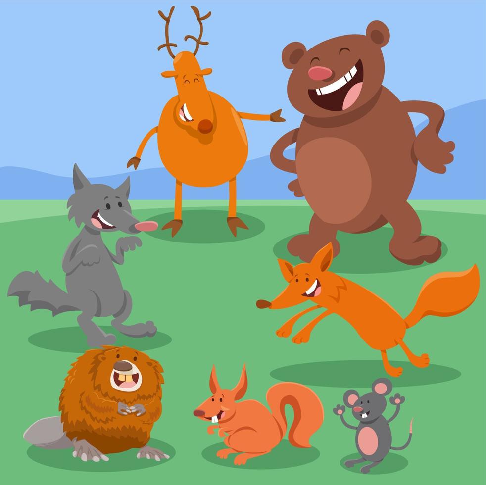 cartoon happy wild animal characters group vector