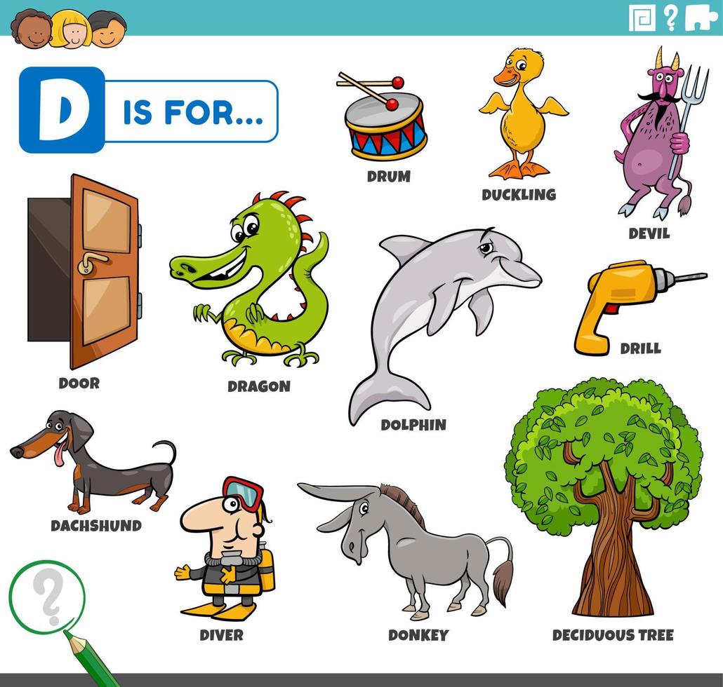 letter d words educational set with cartoon characters vector