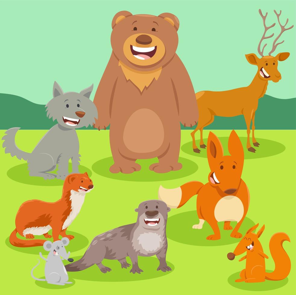 cartoon happy wild animal characters group vector