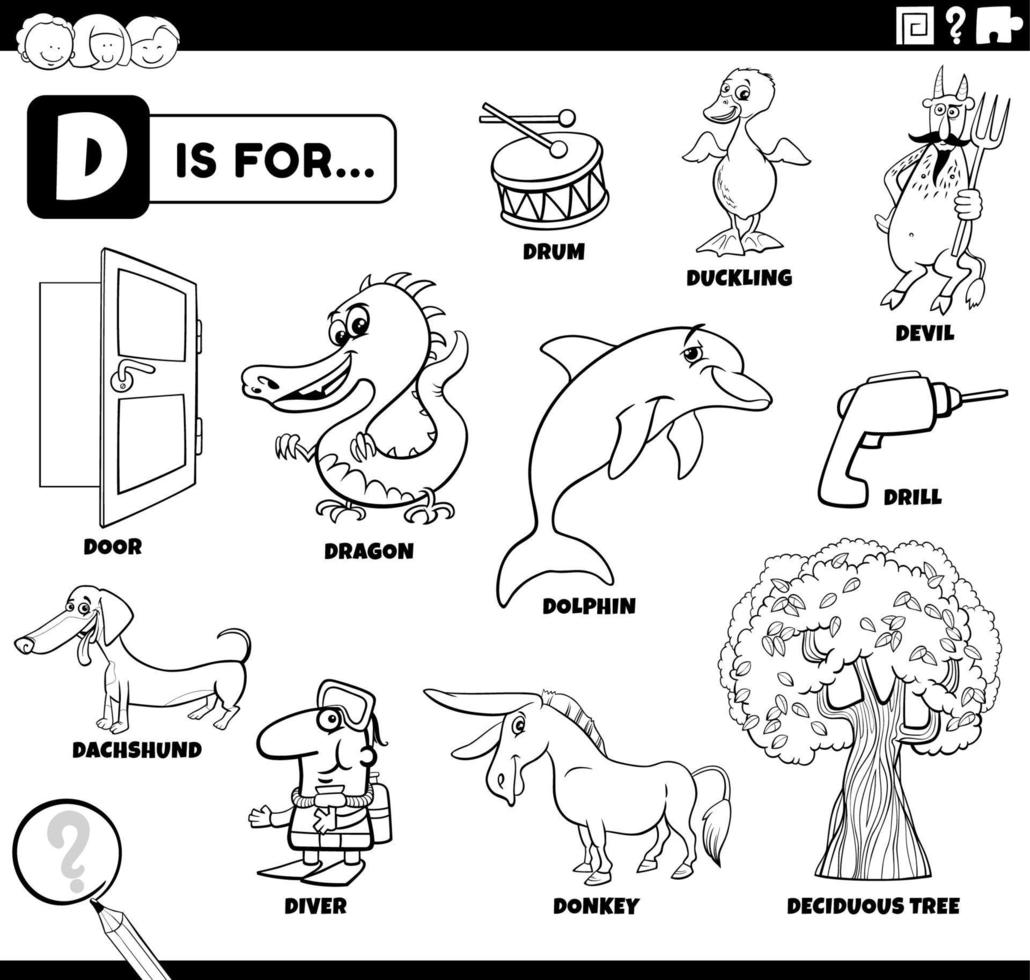 letter d words educational set coloring book page vector