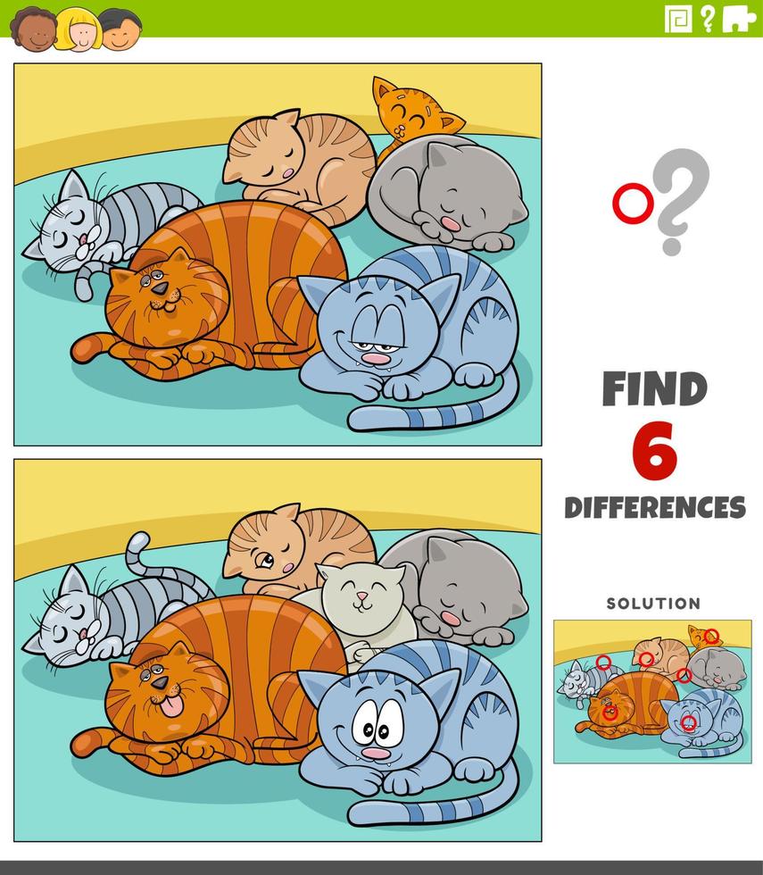 differences educational game with cartoon sleepy cats vector