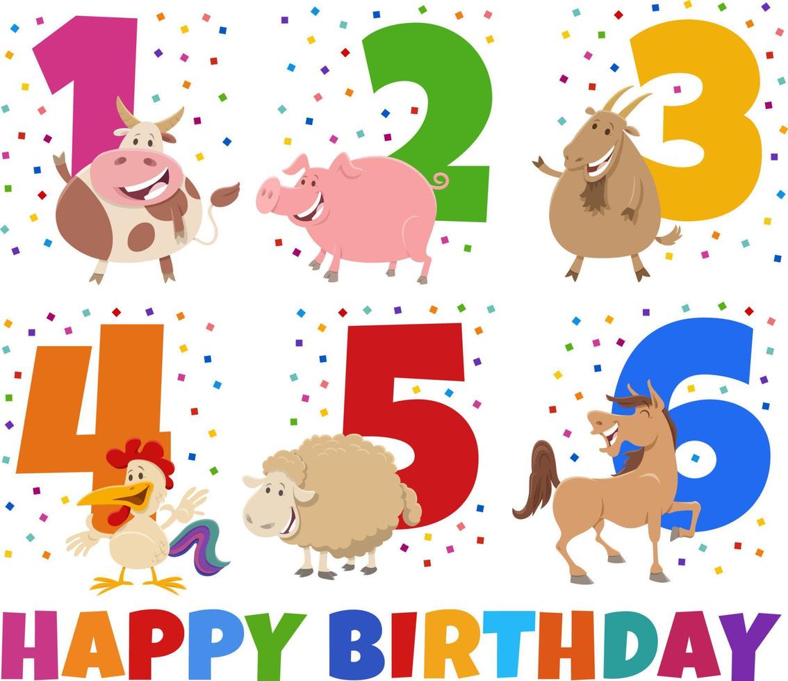 birthday greeting cards set with cartoon farm animal characters vector