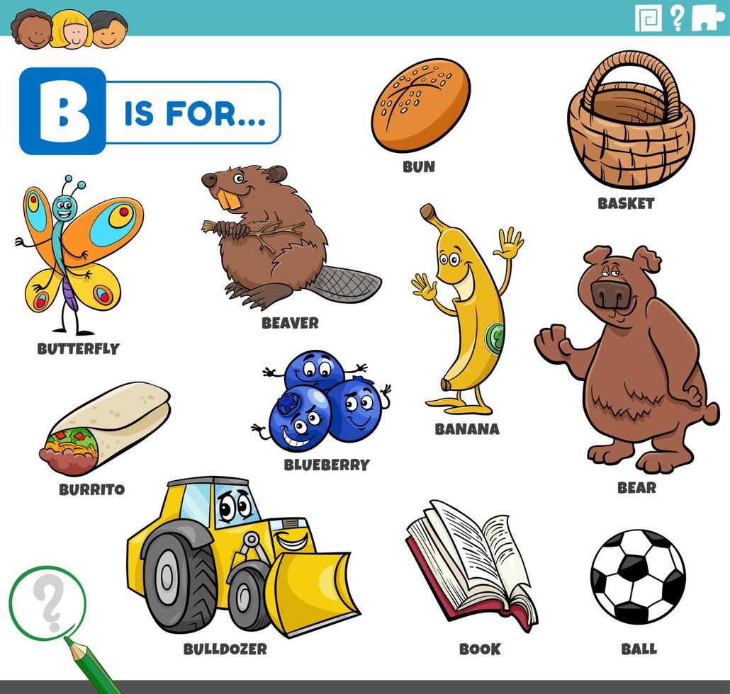 letter b words educational set with cartoon characters vector