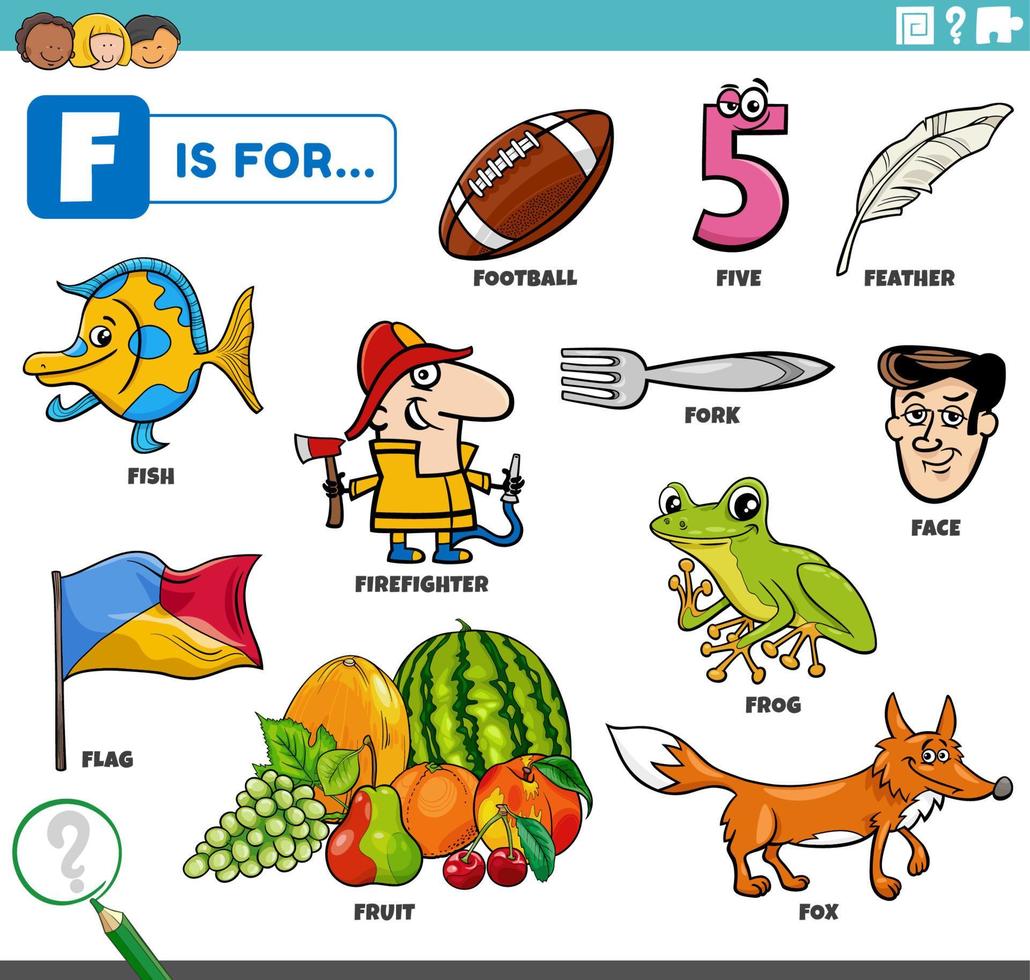 letter f words educational set with cartoon characters vector