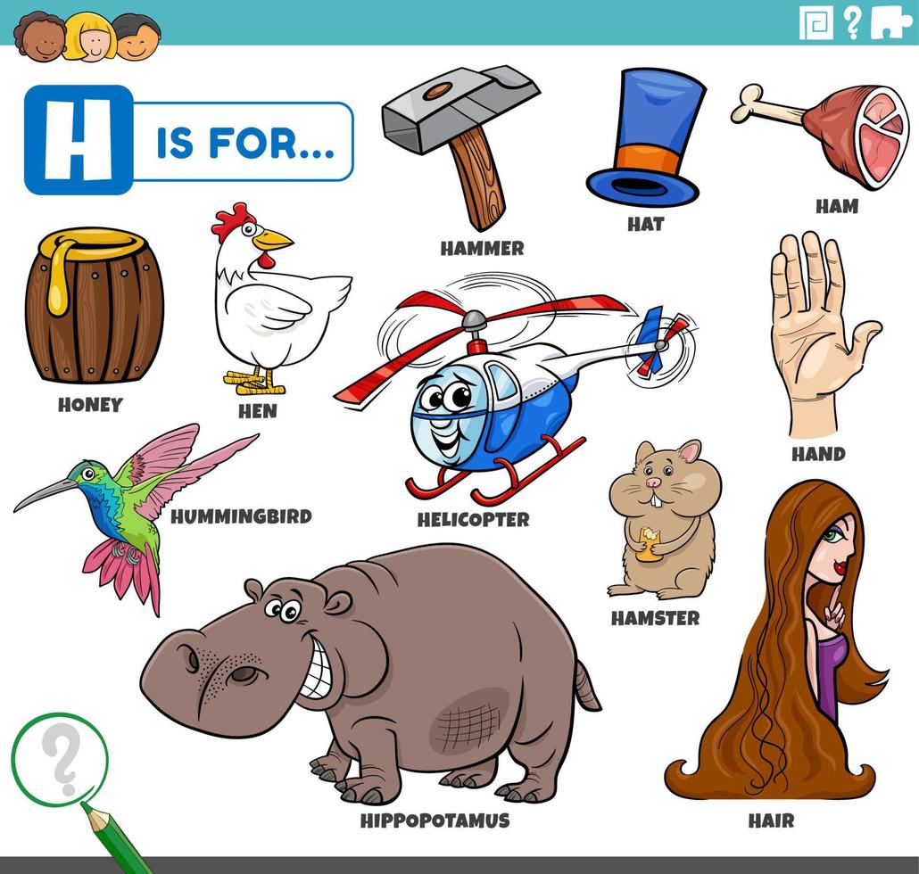 letter h words educational set with cartoon characters vector