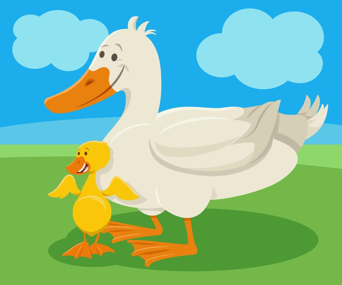 personaje de animal de granja de pato de dibujos animados feliz con patito vector