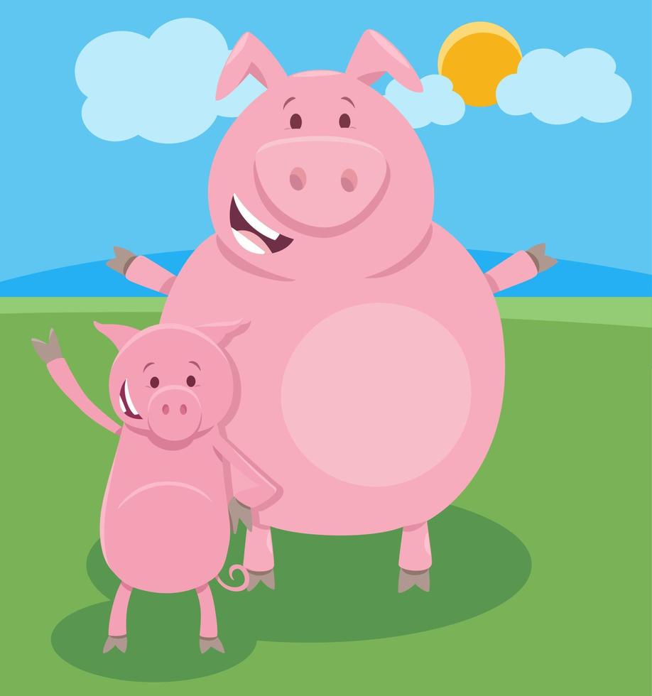 happy cartoon pig farm animal character with little piglet vector