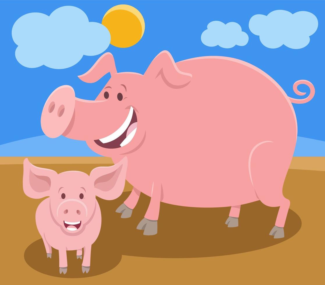 funny cartoon pig farm animal character with piglet vector