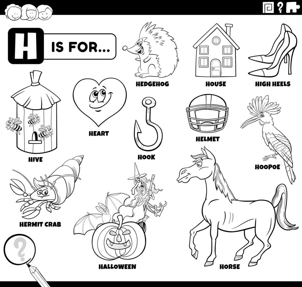letter h words educational set coloring book page vector