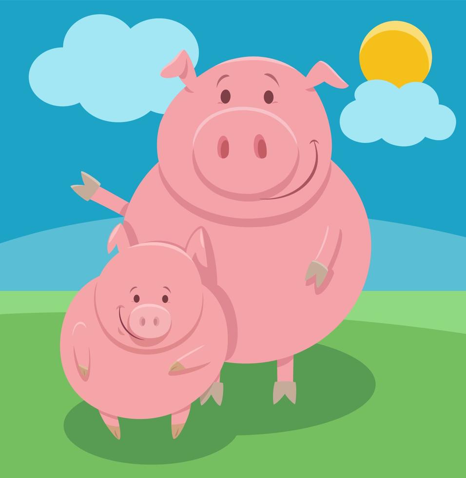 personaje de animal de granja de cerdo de dibujos animados feliz con lechón vector