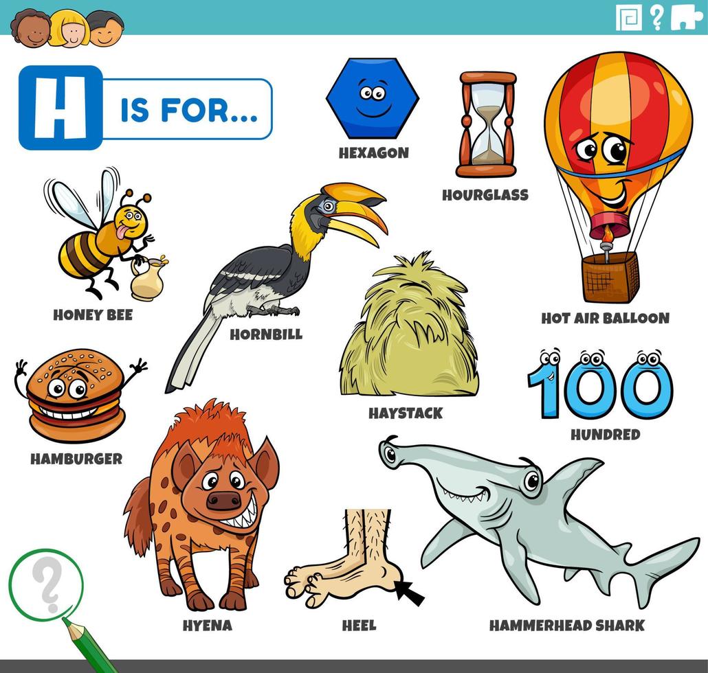 letter h words educational set with cartoon characters vector