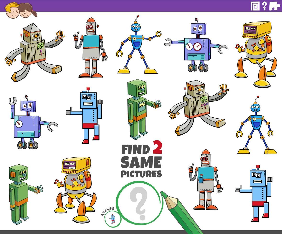 find two same cartoon robot characters educational task vector