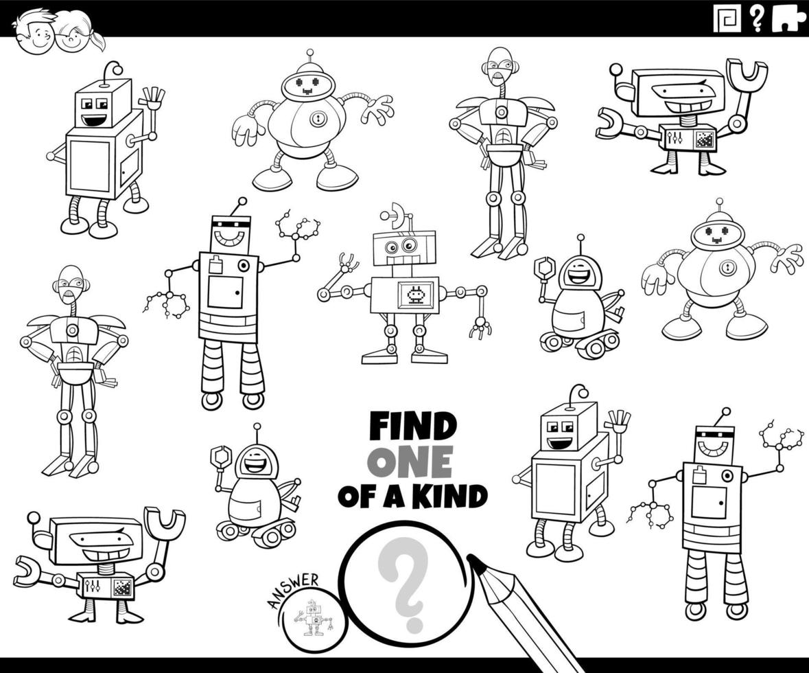one of a kind game with cartoon robots coloring book page vector