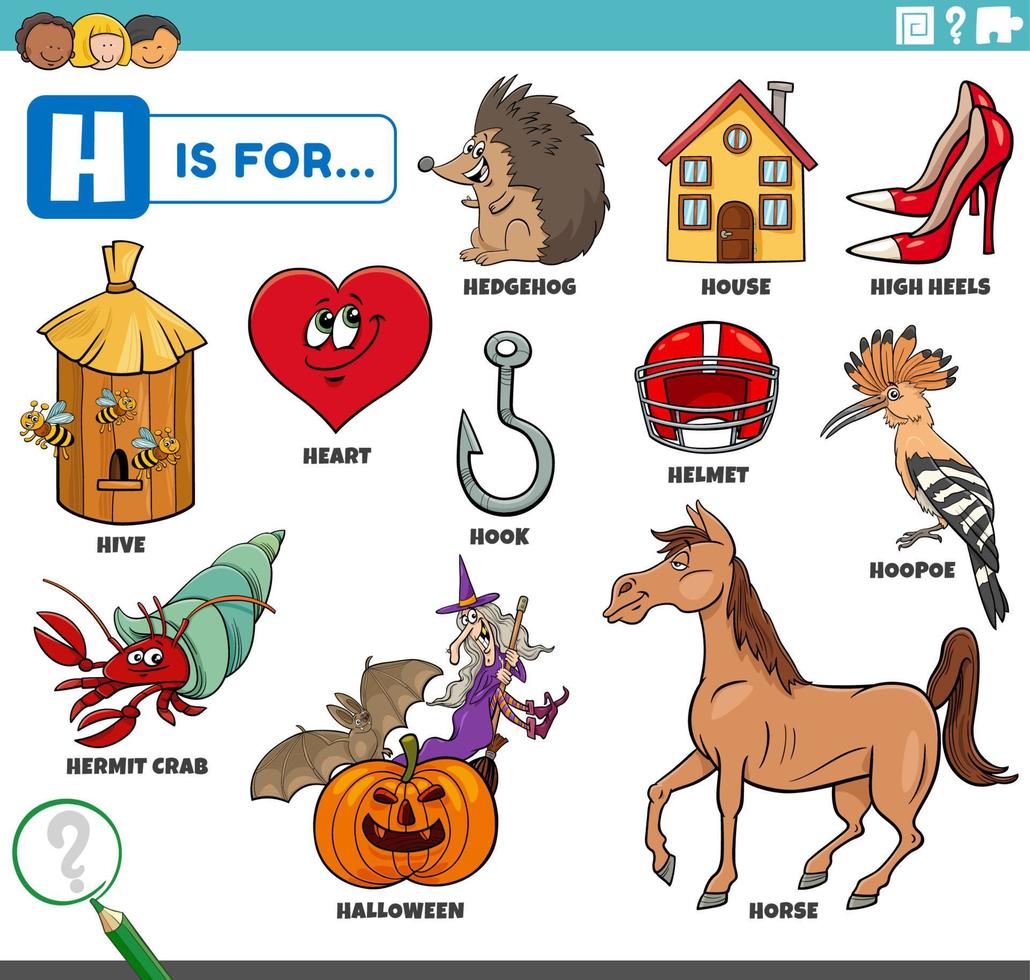 letter h words educational set with cartoon characters vector