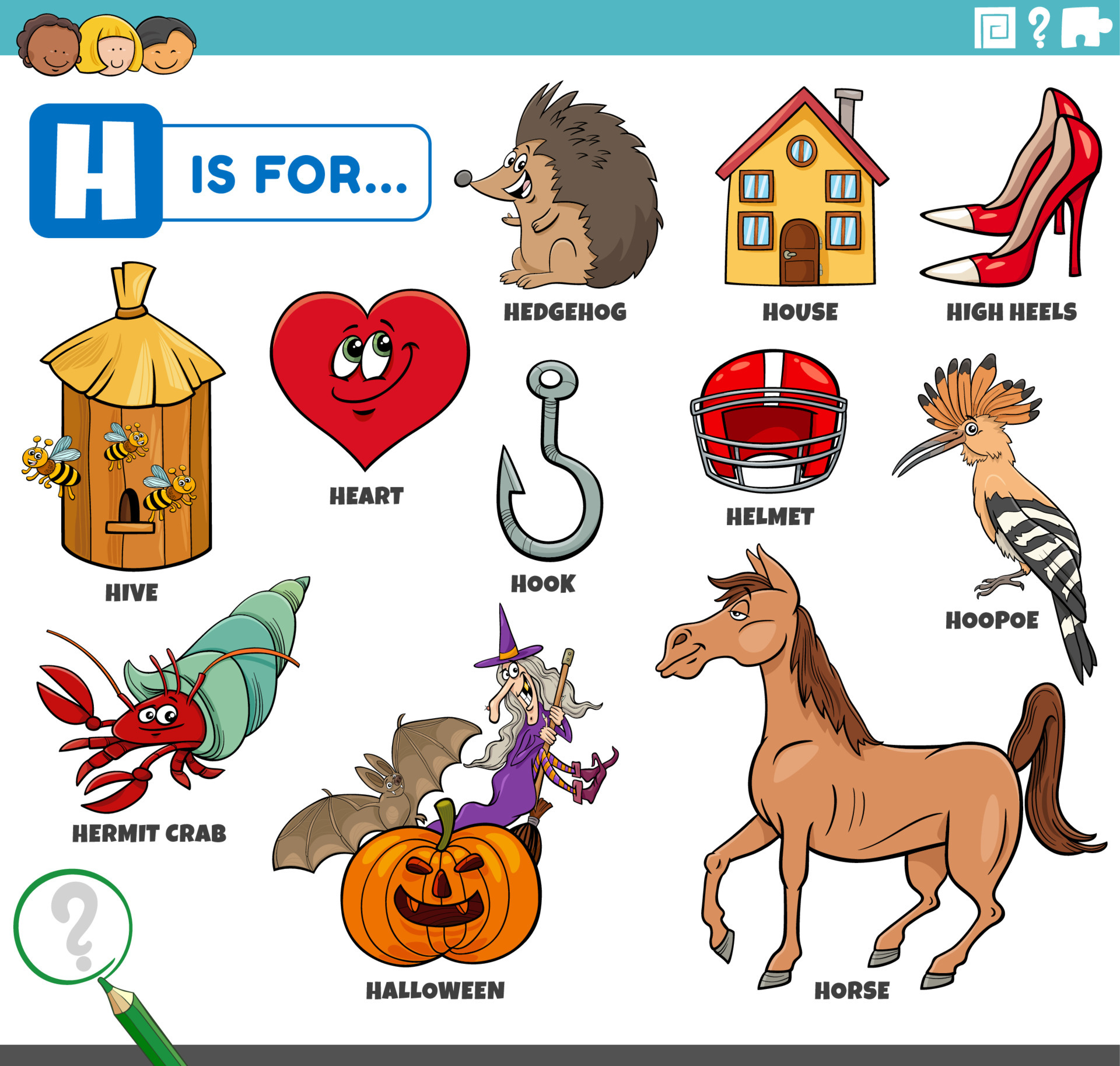 letter h words educational set with cartoon characters 7048127 Vector Art  at Vecteezy