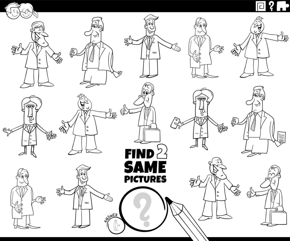 find two same cartoon businessmen task coloring book page vector