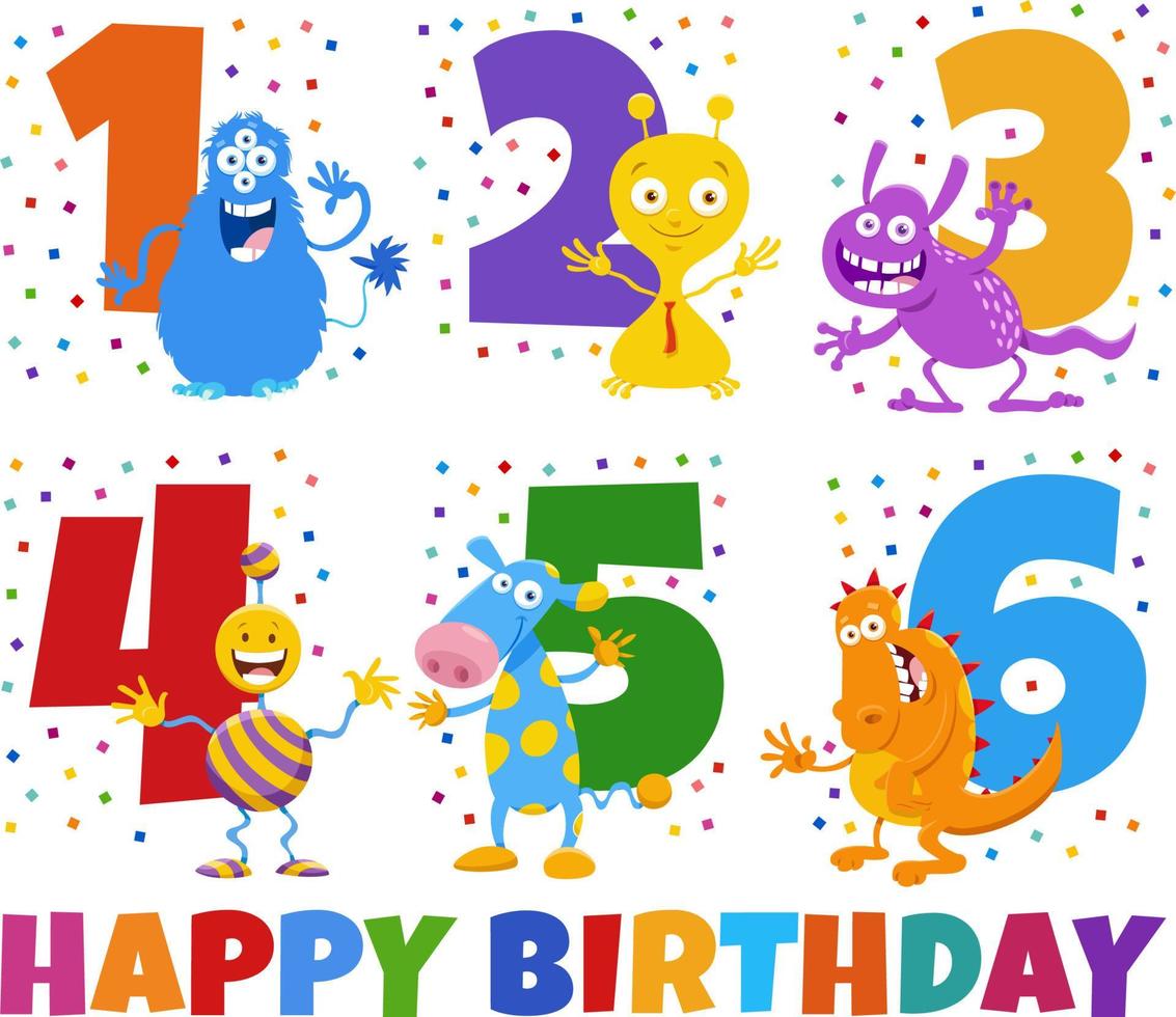 birthday greeting cards set with cartoon monster characters vector